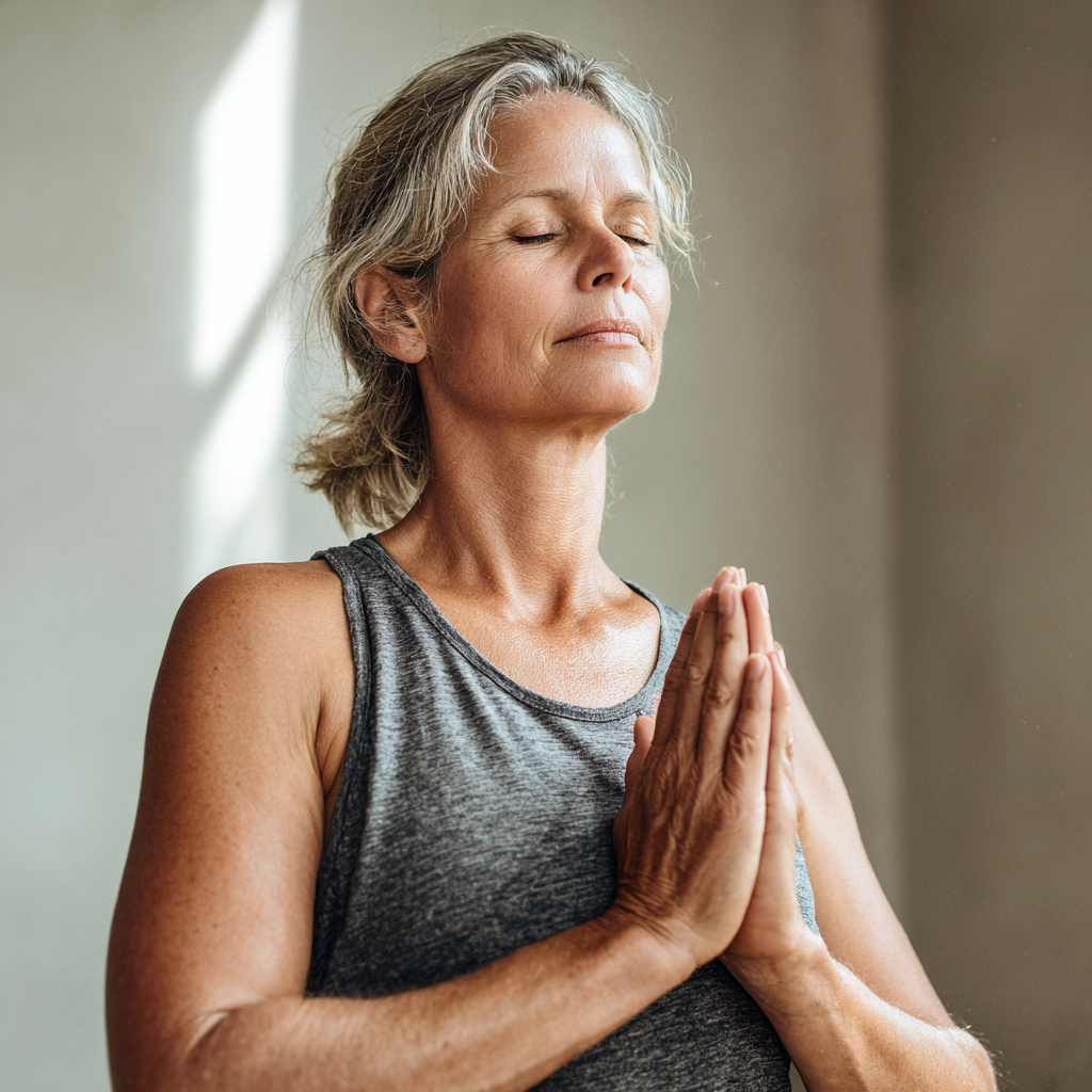 Жінка 55 років виконує м'яку асану йоги у світлій студії, демонструючи спокій і концентрацію