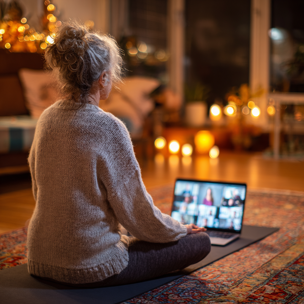 Жінка 58 років виконує йогу вдома перед ноутбуком, слідуючи онлайн-інструкціям інструктора