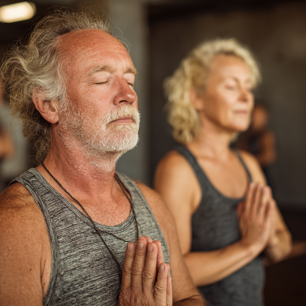 Чоловік 60 років та жінка 55 років разом виконують дихальні вправи у йога-студії, створюючи атмосферу спокою та концентрації